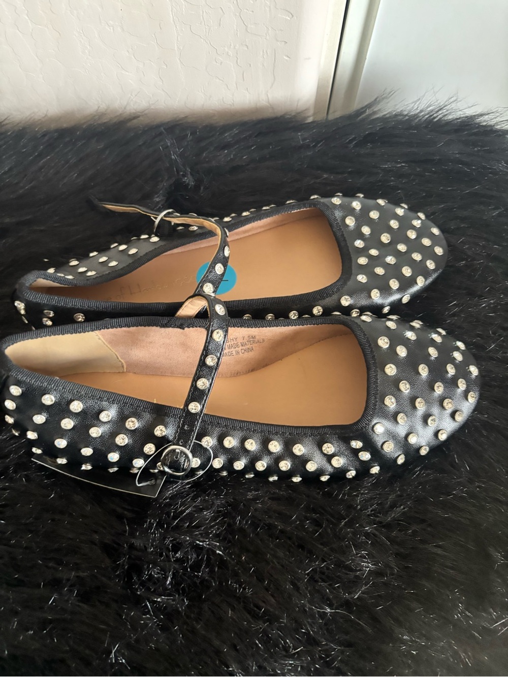 NWT House of Harlow Black Studded rhinestone Mary Jane Flats, Size 7.5 - Picture 3 of 6